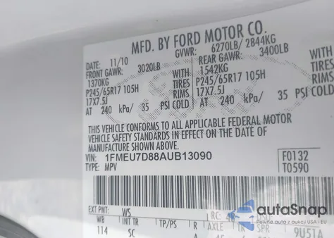 2010 Ford Explorer Xlt from USA, damaged, VIN 1FMEU7D88AUB13090